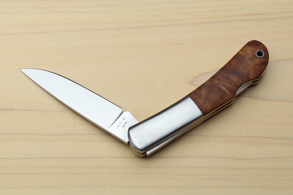 Open lockback folding knife with polished blade and brown wood handle, side view