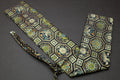 Knife pouch bag with blue-green hexagonal damask print, tied strap and folded pocket