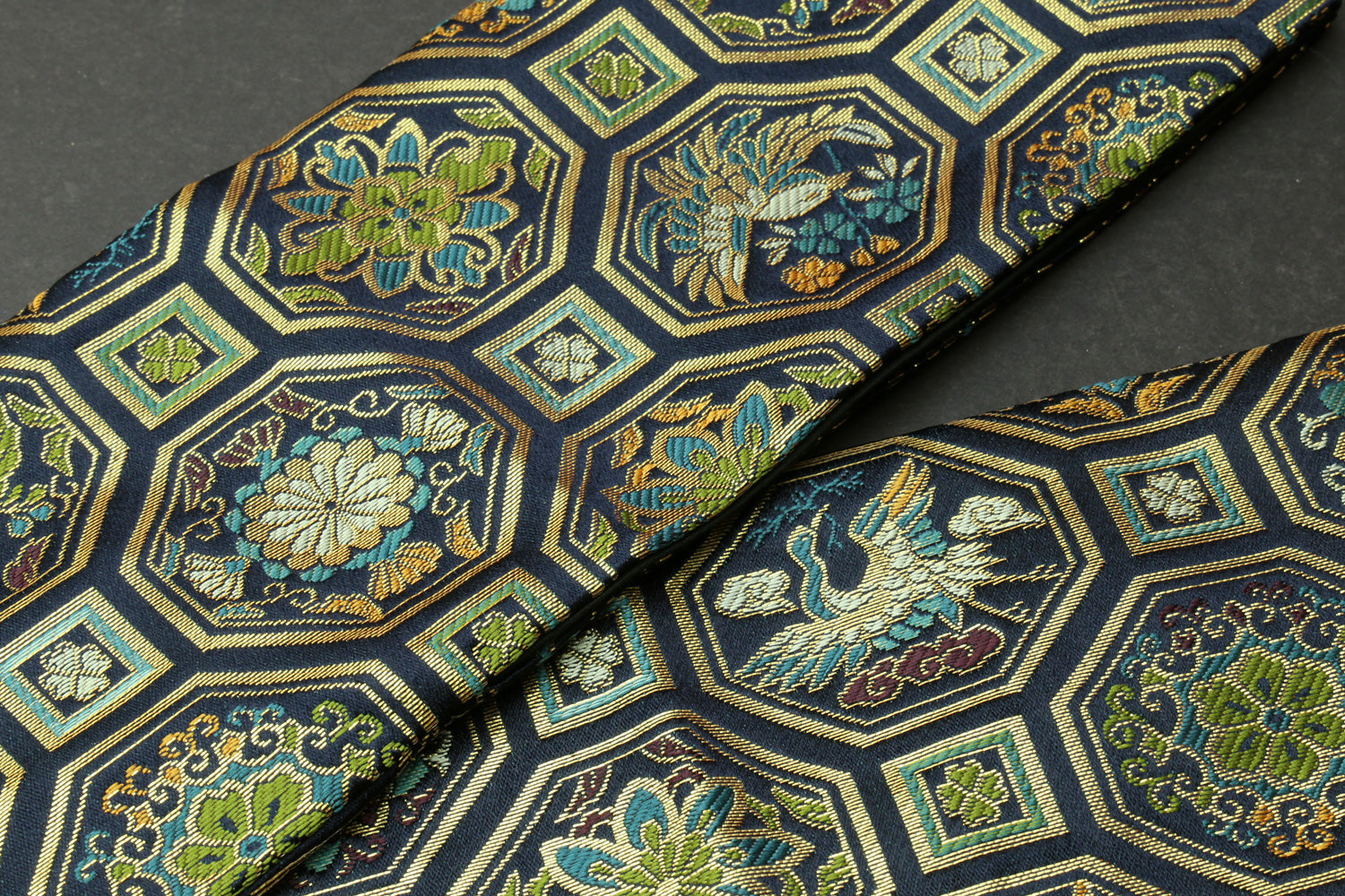 Knife pouch bag fabric detail with octagonal floral damask in blue, gold, and green