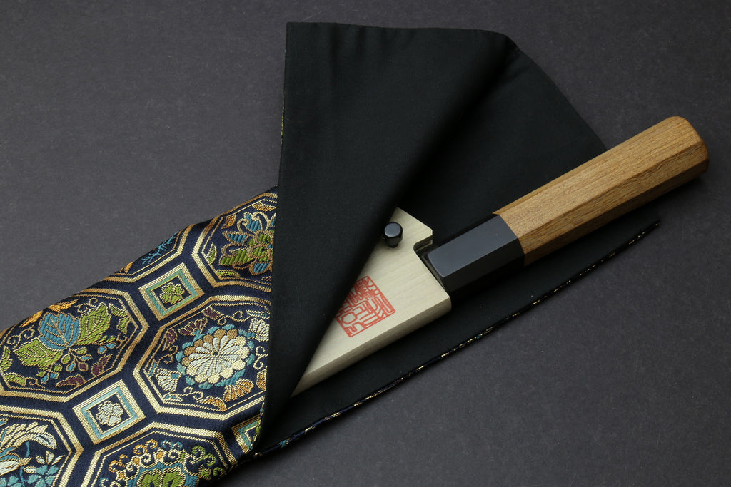 Knife pouch bag with octagonal damask pattern, black interior lining, open top