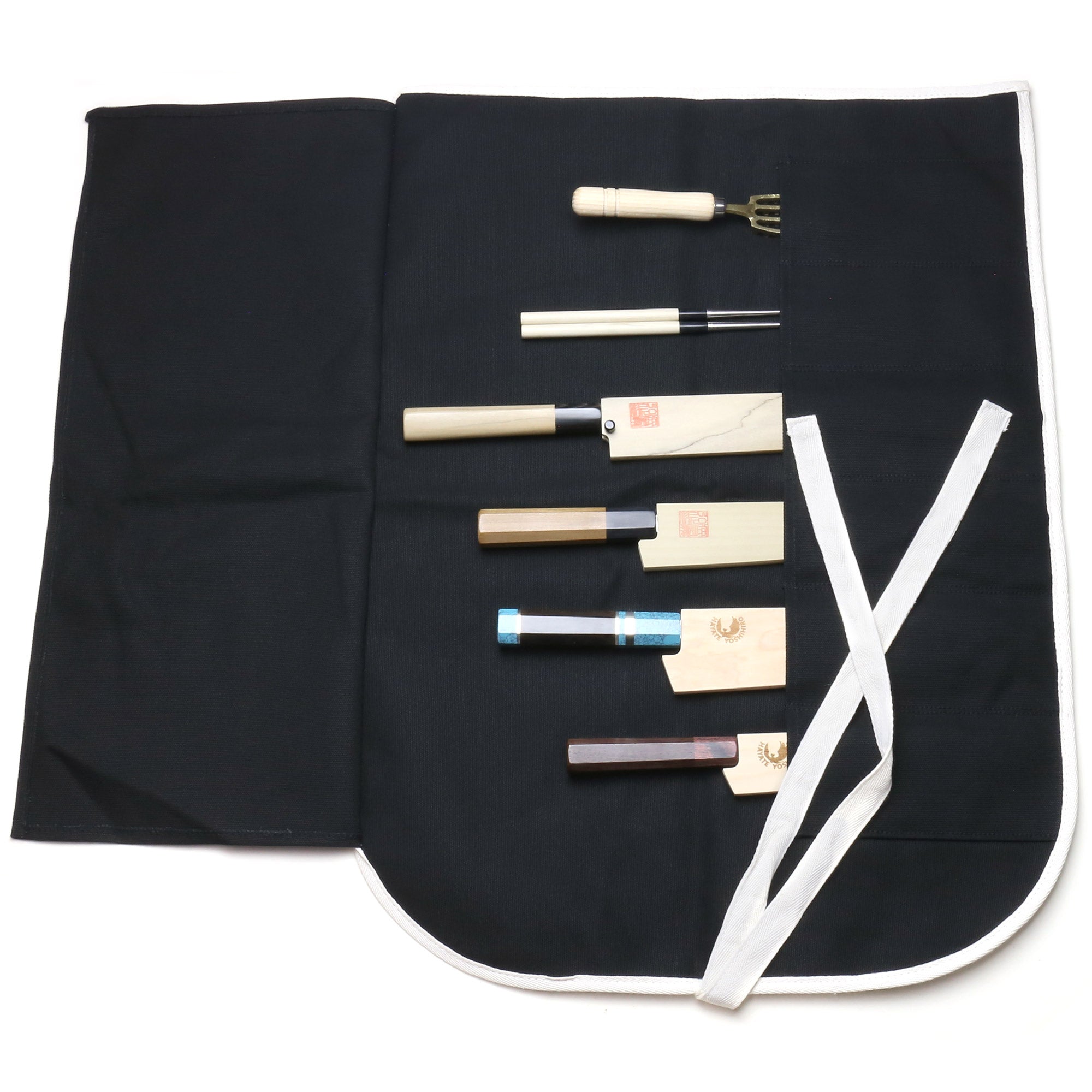 Black cotton knife pouch bag with handles and six compartments, white cross strap