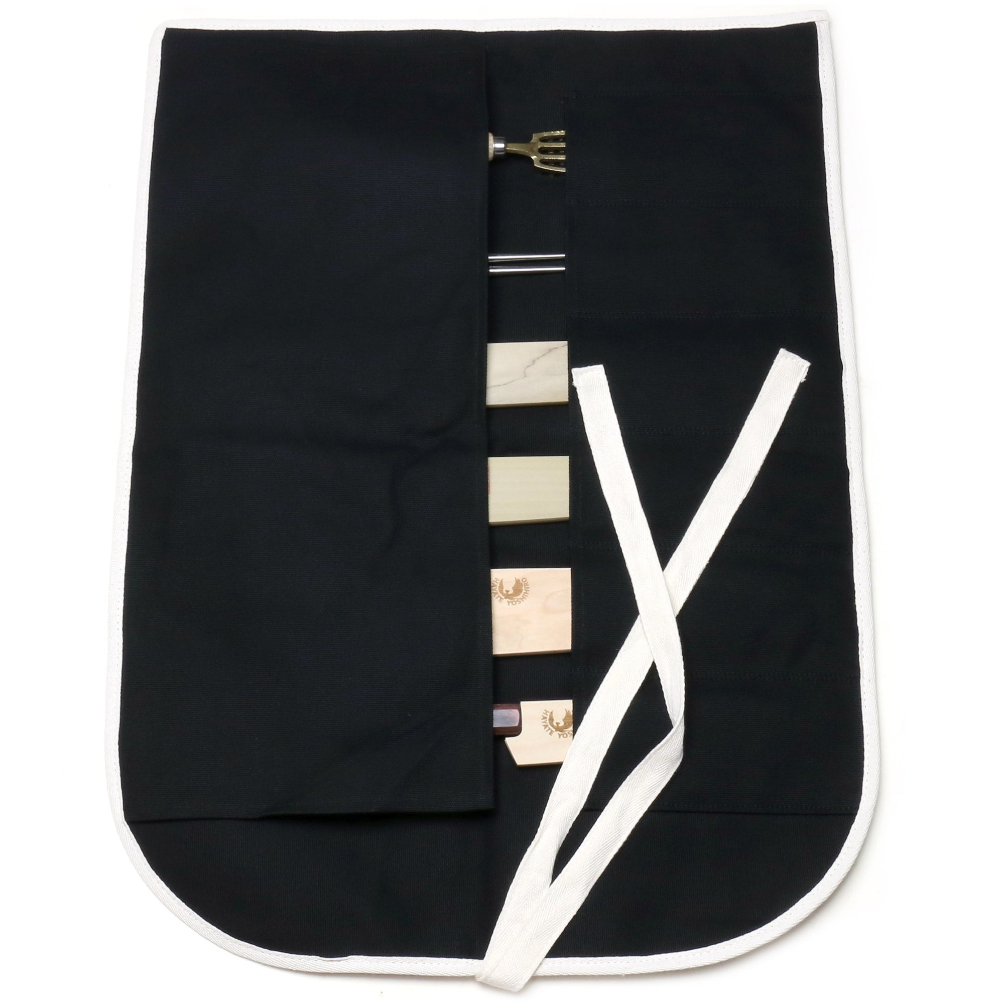 Open black cotton knife pouch bag with six slots and white cross tie