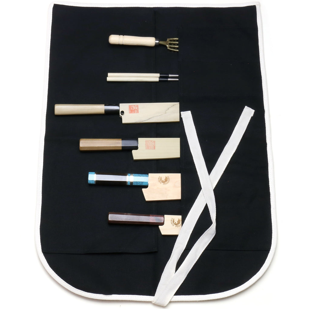 Black knife pouch bag laid open with handles in six slots and white ties