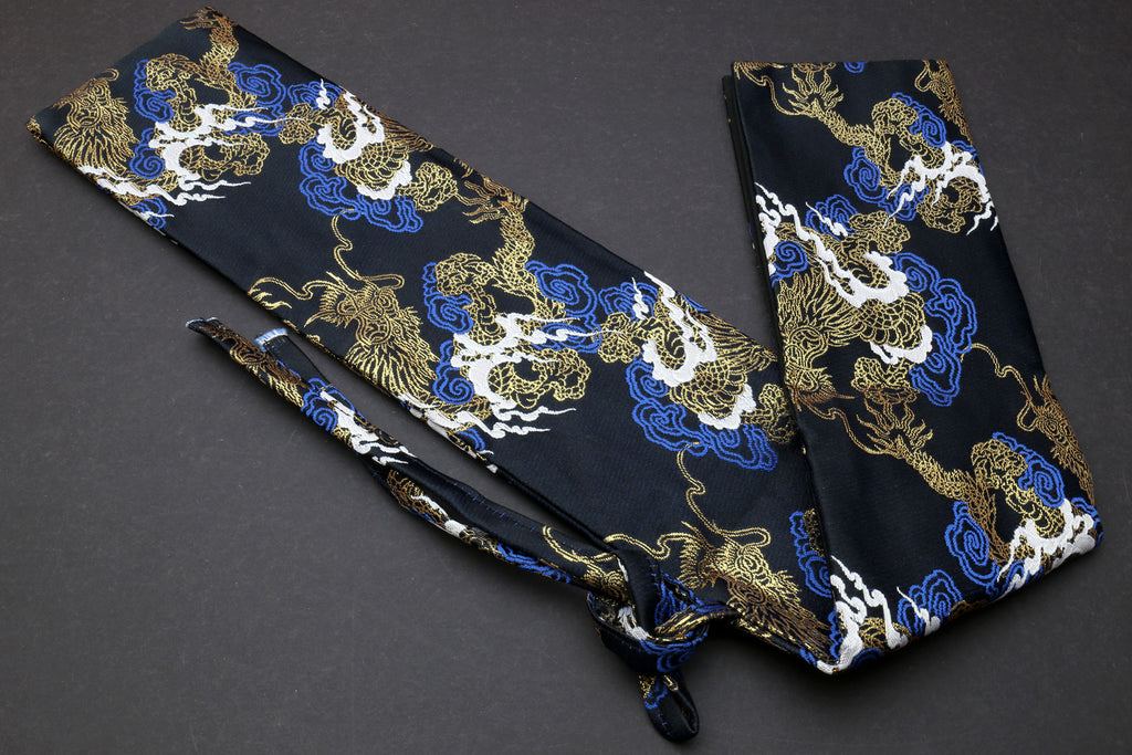 Black dragon-pattern knife pouch bag with gold, blue and white embroidery and tie straps