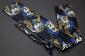 Black dragon-pattern knife pouch bag with gold, blue and white embroidery and tie straps
