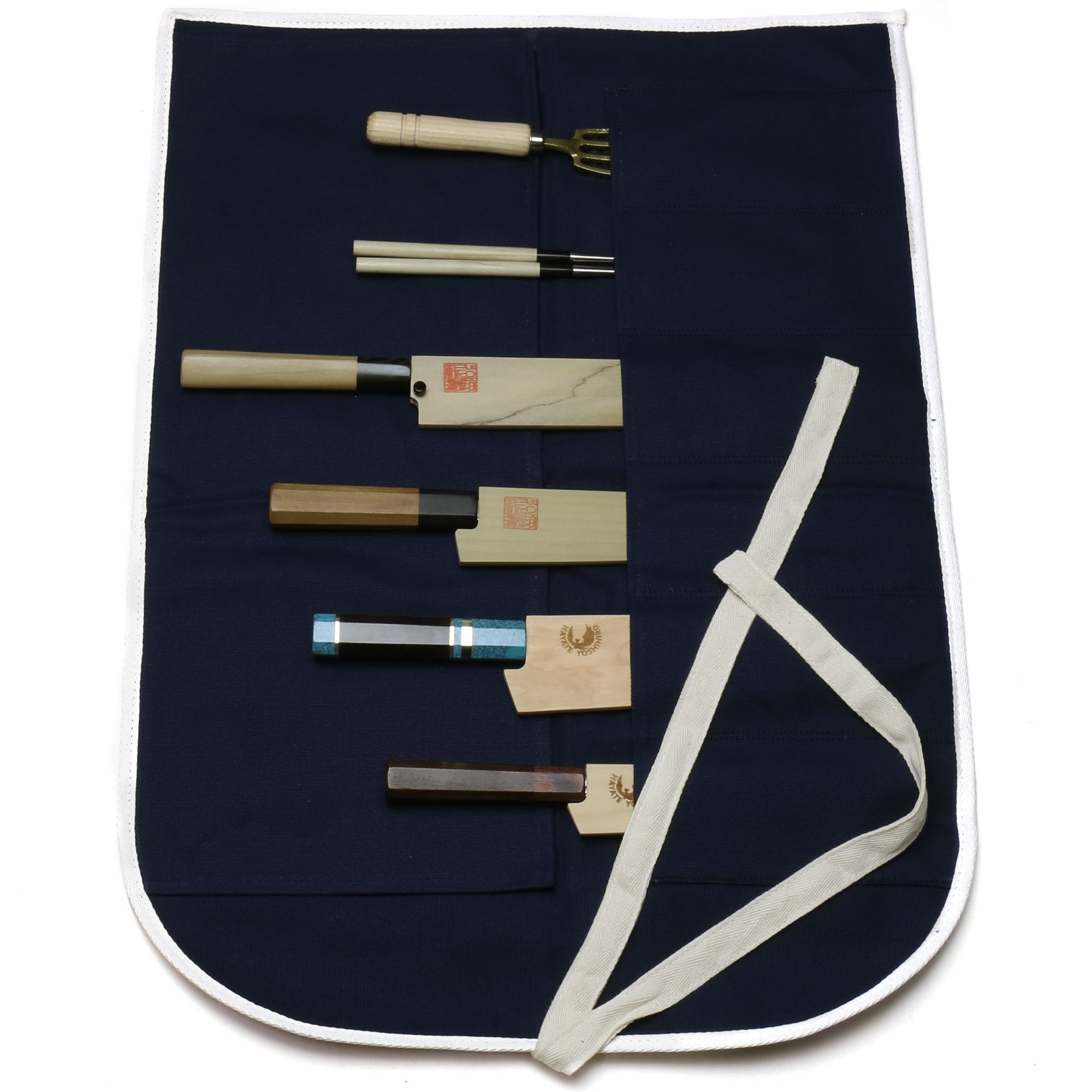 Dark navy cotton knife pouch bag with white-edged pockets and six slots shown