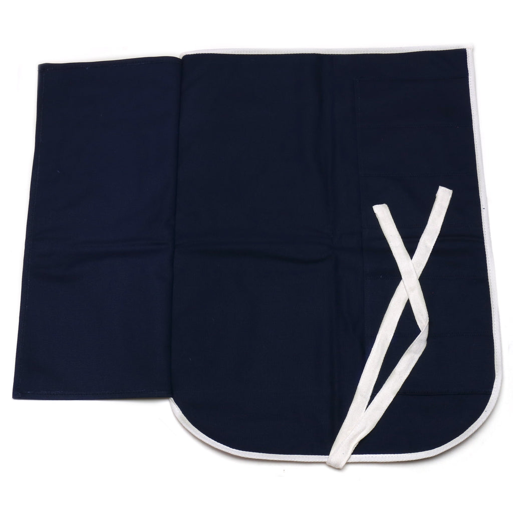 Dark navy cotton knife pouch bag with white X tie and contrasting border trim