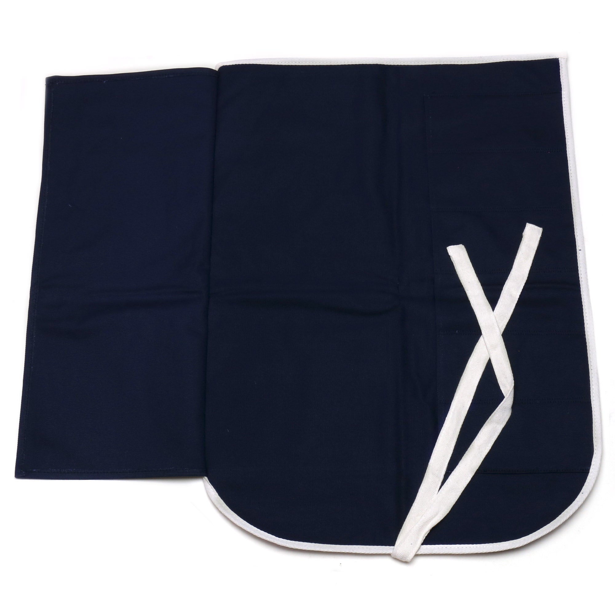 Dark navy cotton knife pouch bag with white X tie and contrasting border trim