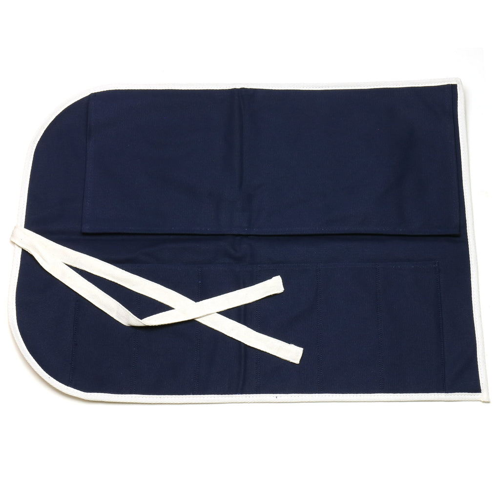 Dark navy cotton knife pouch bag with long white ribbon tie and stitched seams