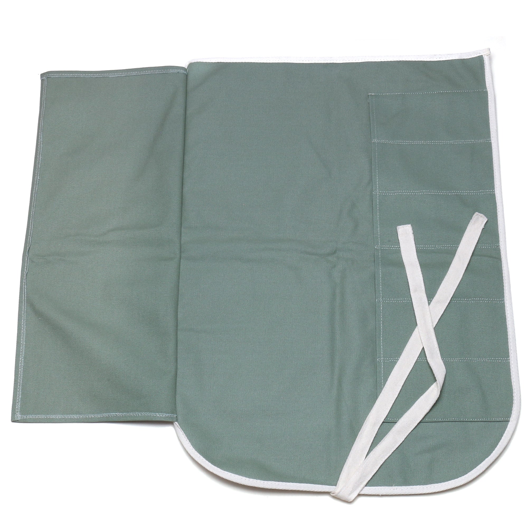 Olive-green cotton 6-slot knife pouch bag, folded closed with white-edged tie
