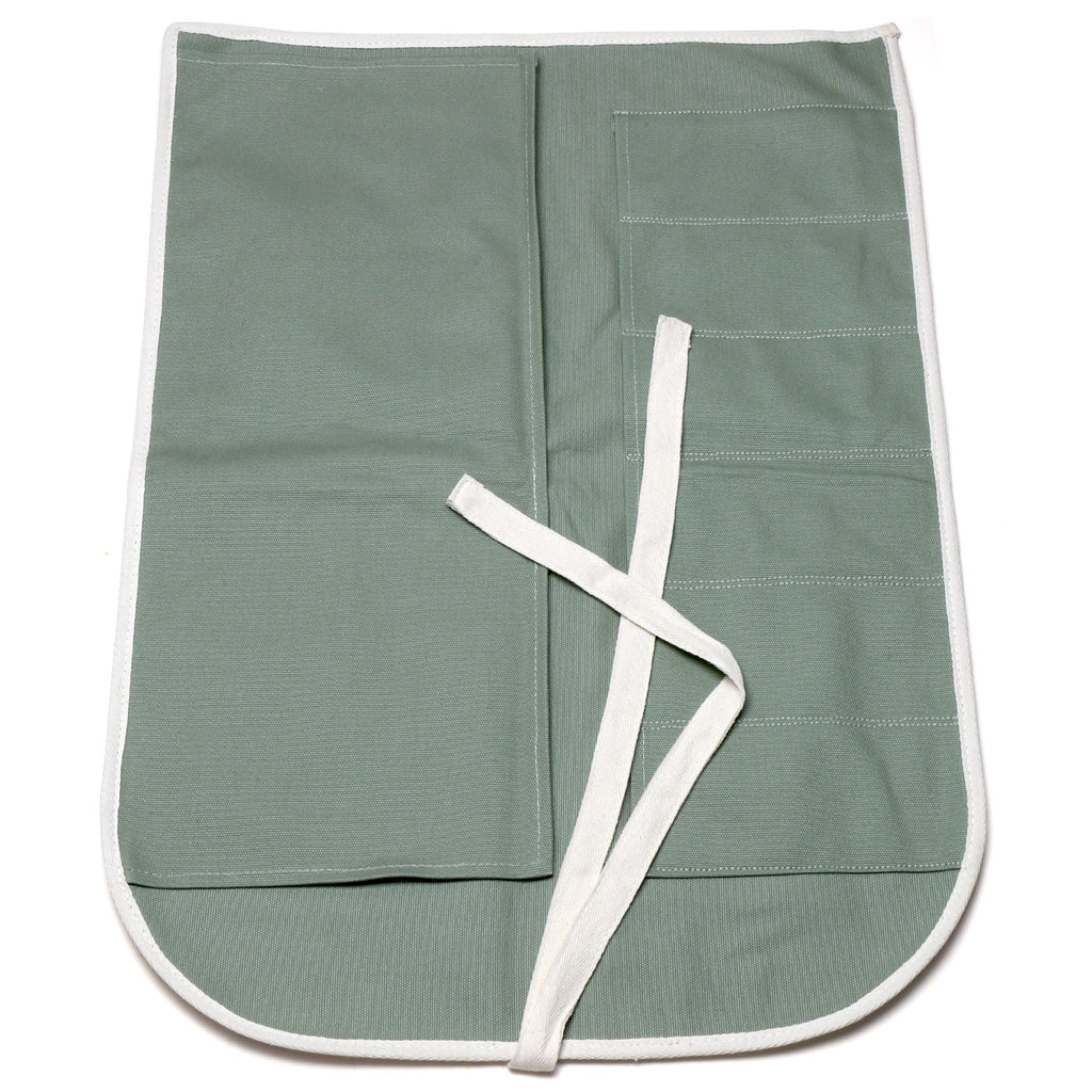 Olive-green cotton 6-slot knife pouch bag, partially folded with white tie strap
