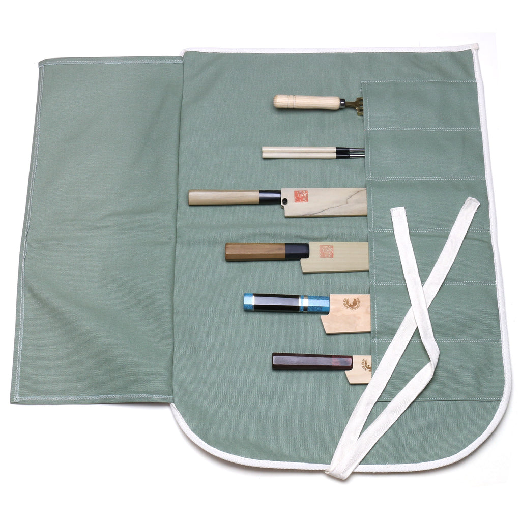 Olive-green cotton 6-slot knife pouch bag with two-panel flap and white tie strap