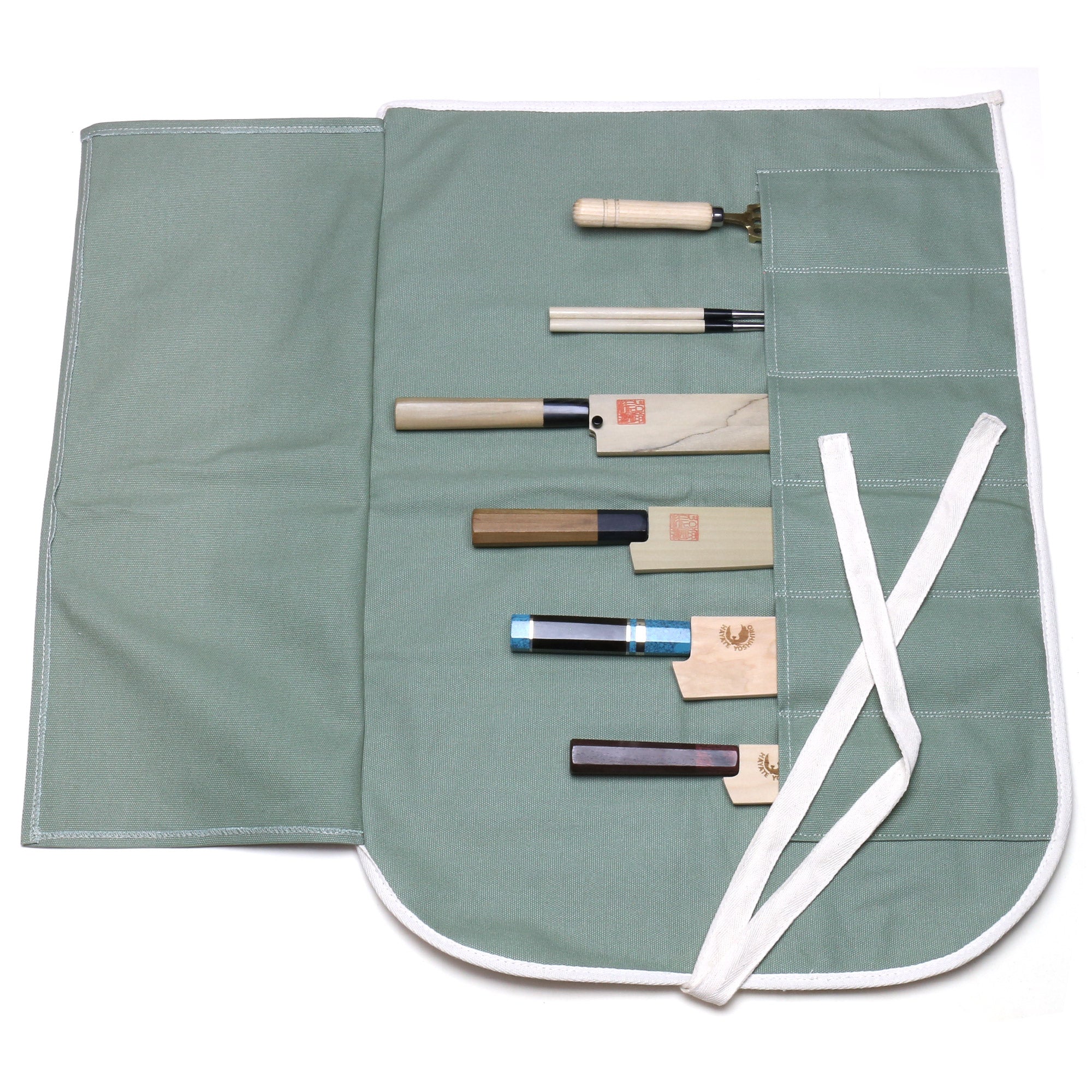 Olive-green cotton 6-slot knife pouch bag with two-panel flap and white tie strap