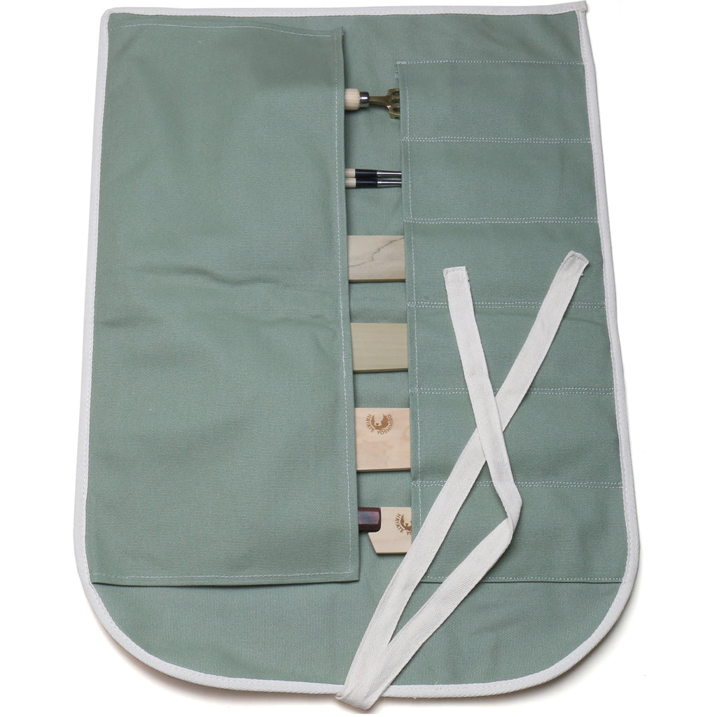 Olive-green cotton 6-slot knife pouch bag laid open with white tie strap