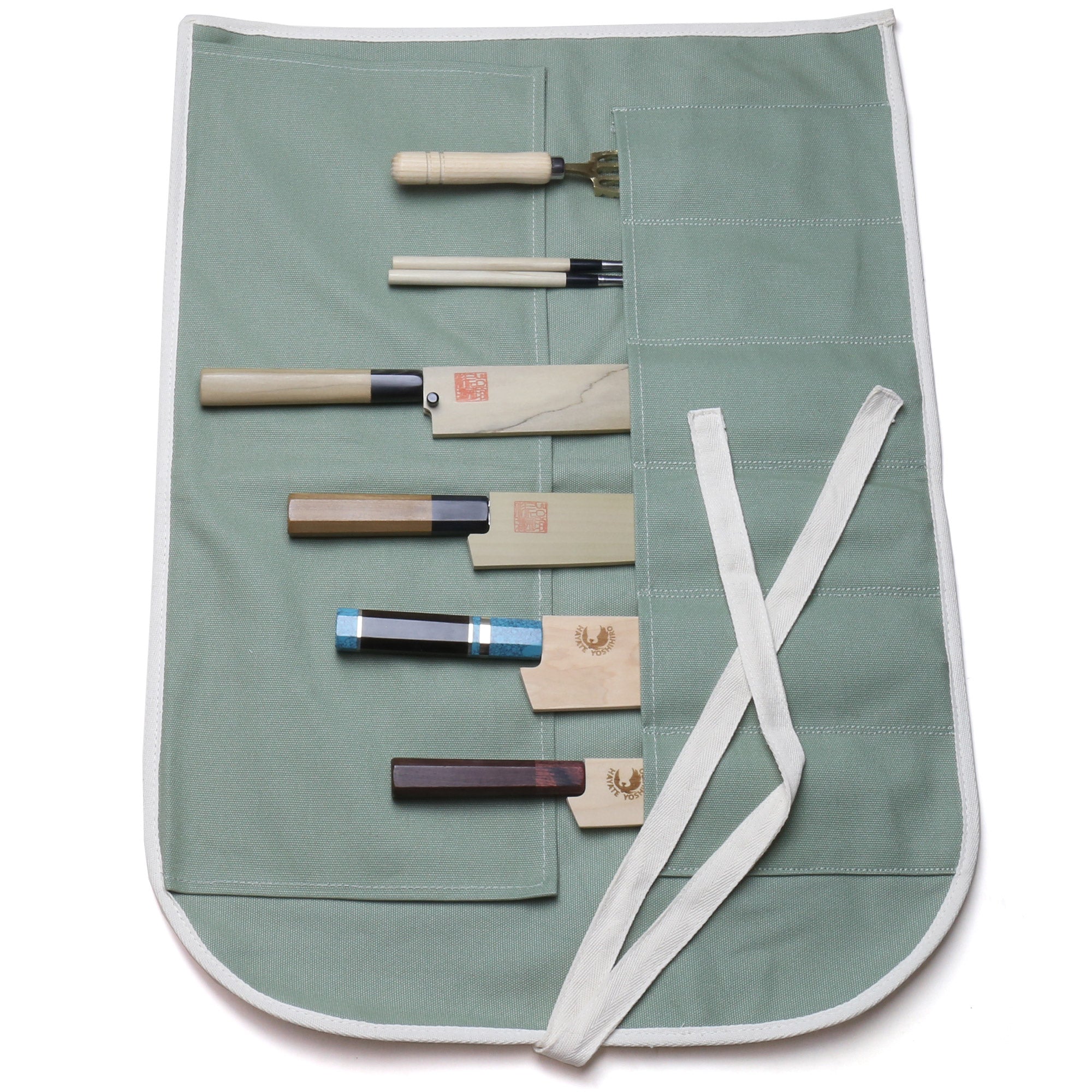Olive-green cotton 6-slot knife pouch bag with multiple slots and white tie strap