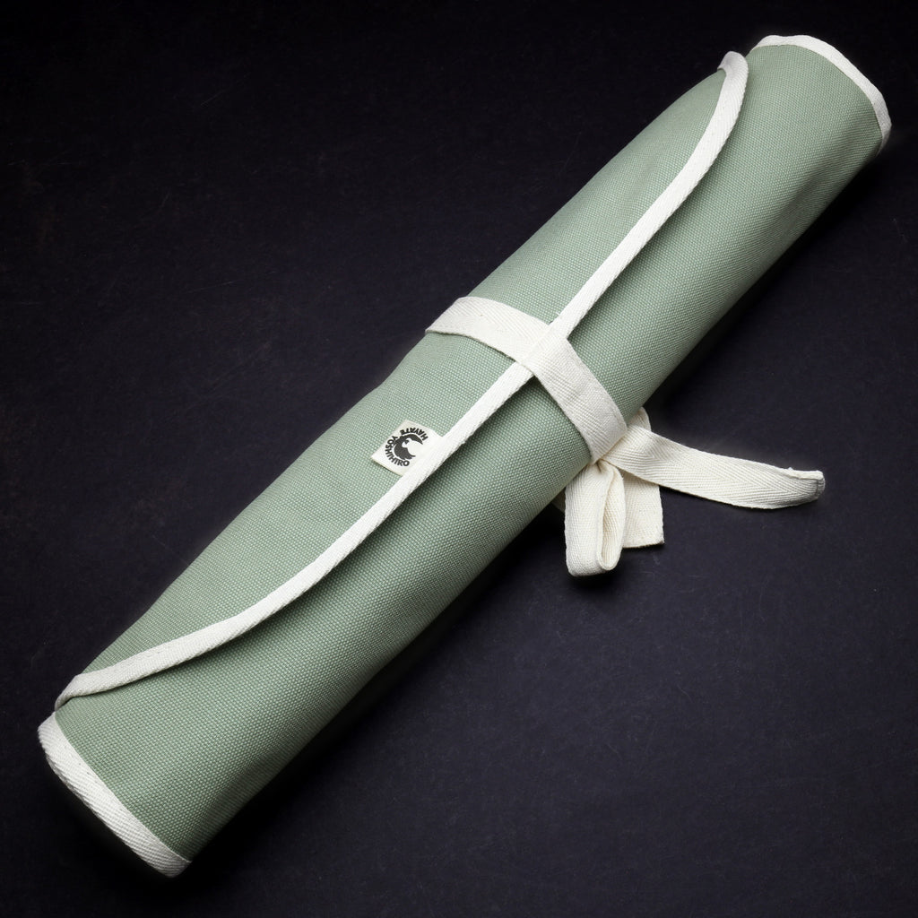 Olive-green cotton 6-slot knife pouch bag, rolled with white carrying strap