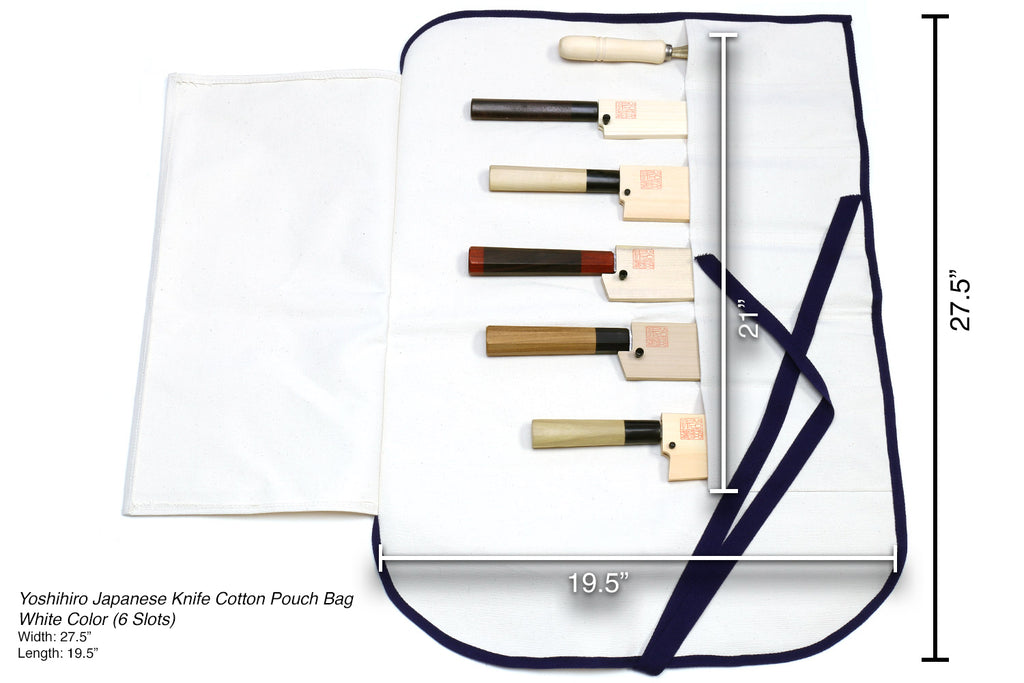 White 6-slot knife pouch bag with navy trim, shown with size measurements