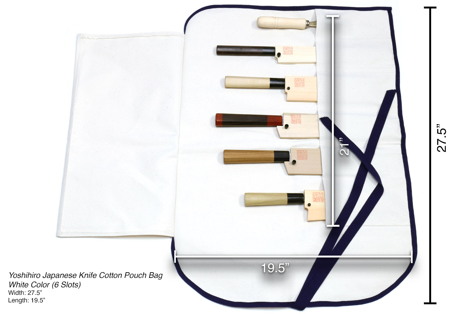 White 6-slot knife pouch bag with navy trim, shown with size measurements