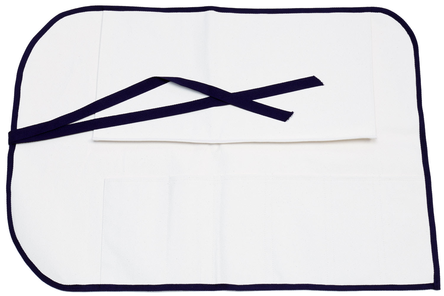 White knife pouch bag with navy border and crossed ribbon ties