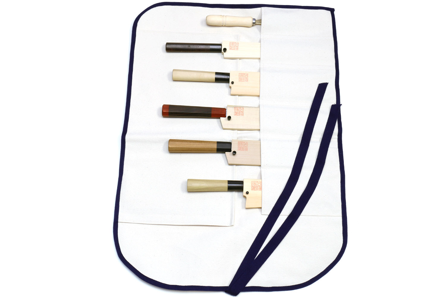 White cotton knife pouch bag with navy trim, holds 6 slots and rolls closed