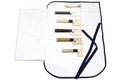 Open white knife pouch bag with navy edging and 6 storage pockets
