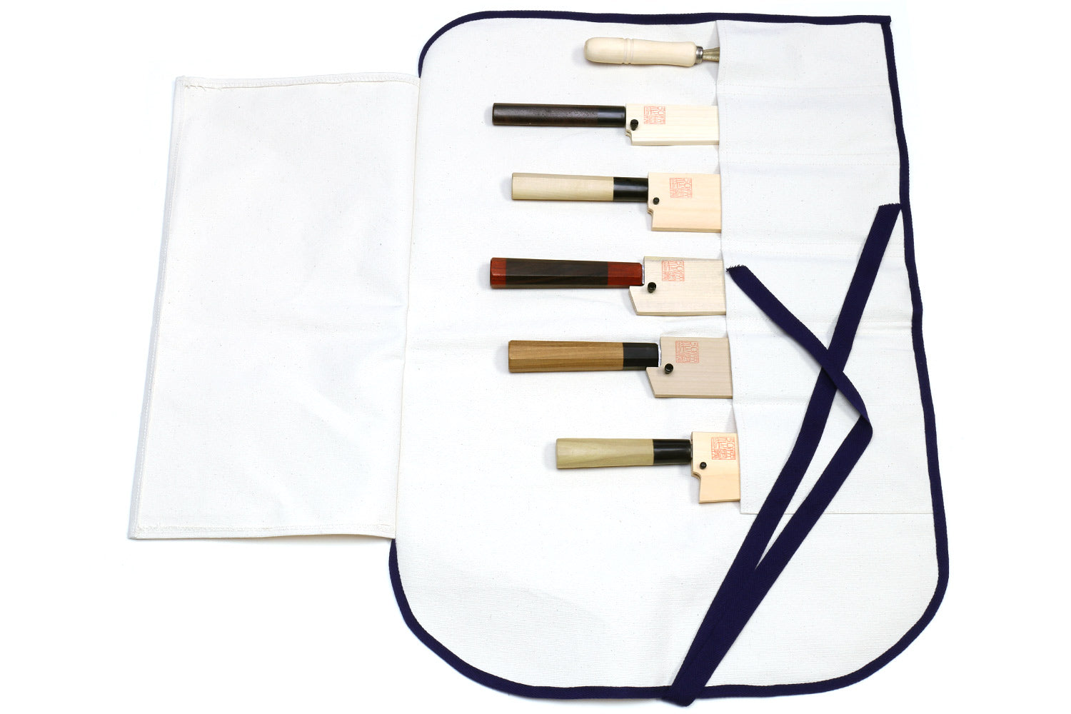 Open white knife pouch bag with navy edging and 6 storage pockets