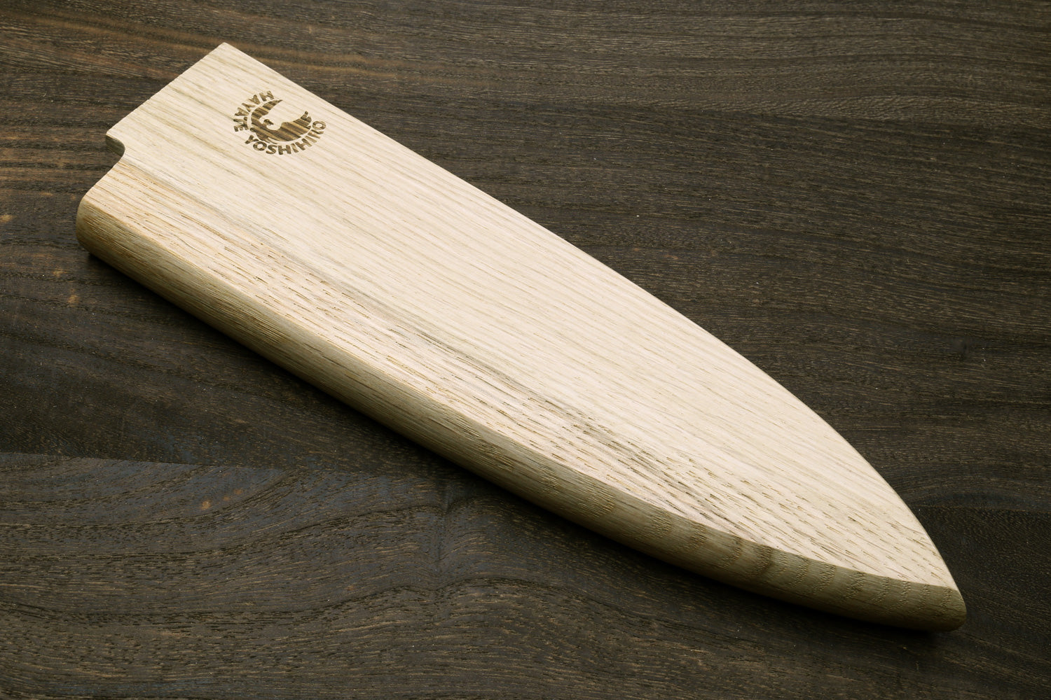 Light oak deba knife saya blade protector with magnetic closure, tapered tip