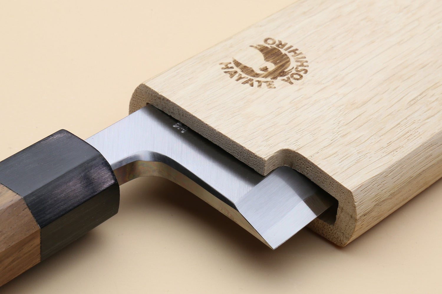 Oak saya cover with cutout for deba blade, black magnetic end label