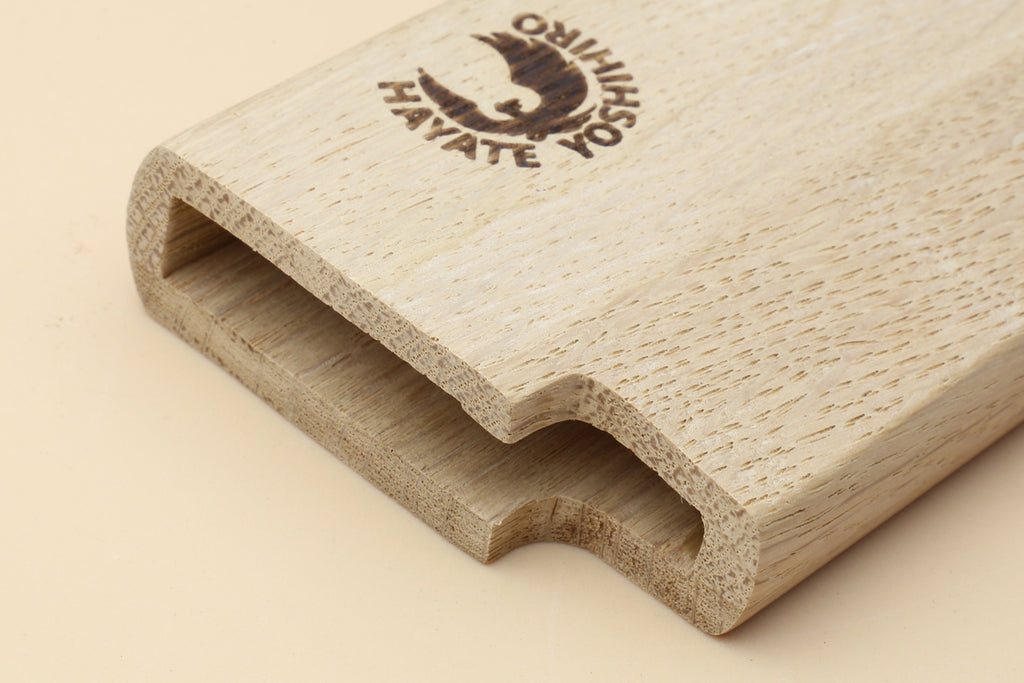 Oak saya blade protector with arched finger groove and embossed Yoshihiro logo