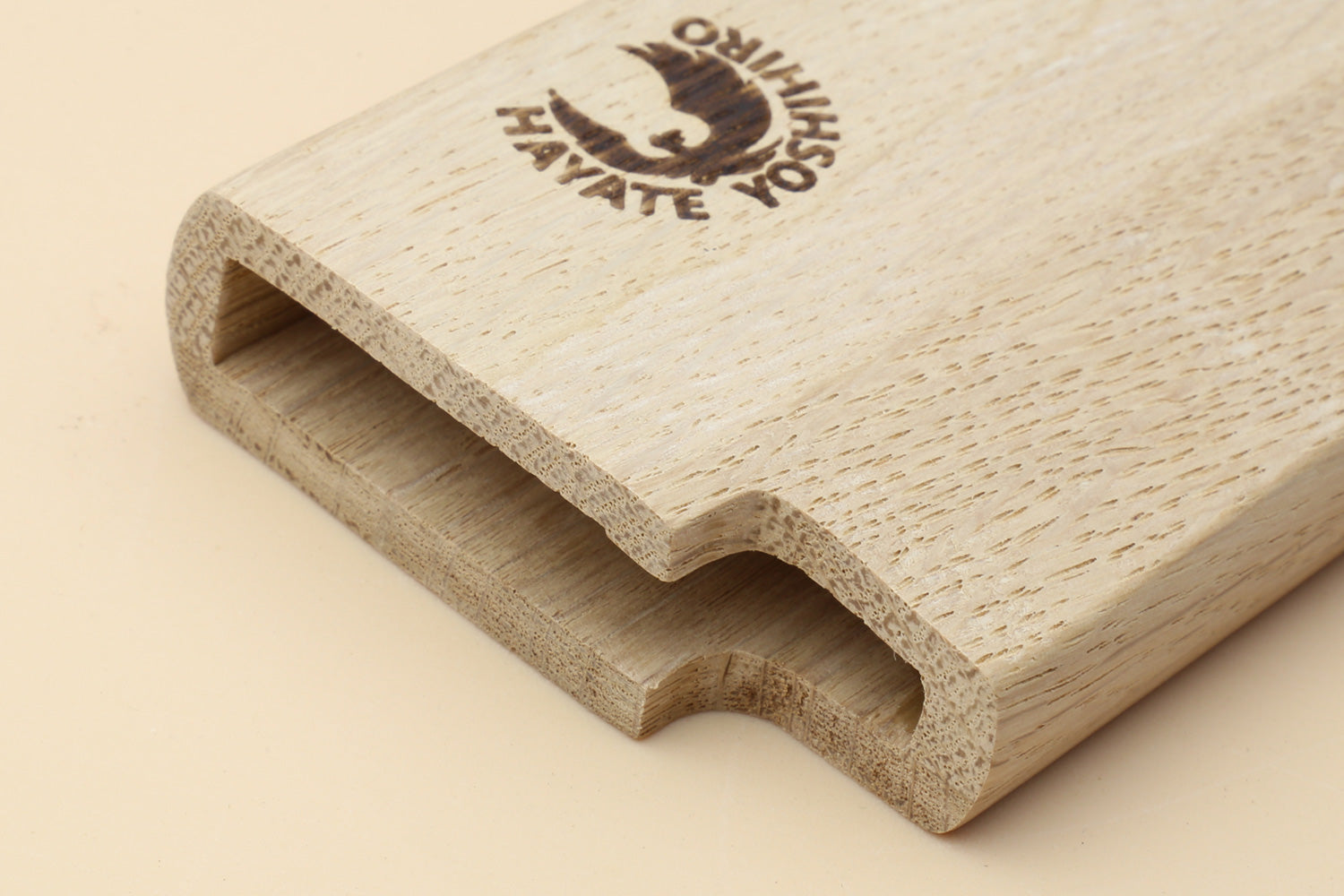Oak saya blade protector with arched finger groove and embossed Yoshihiro logo