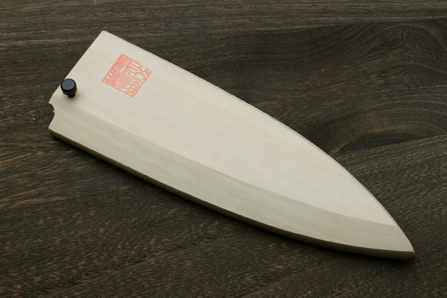 Natural wooden saya knife cover with red stamp and black pin detail