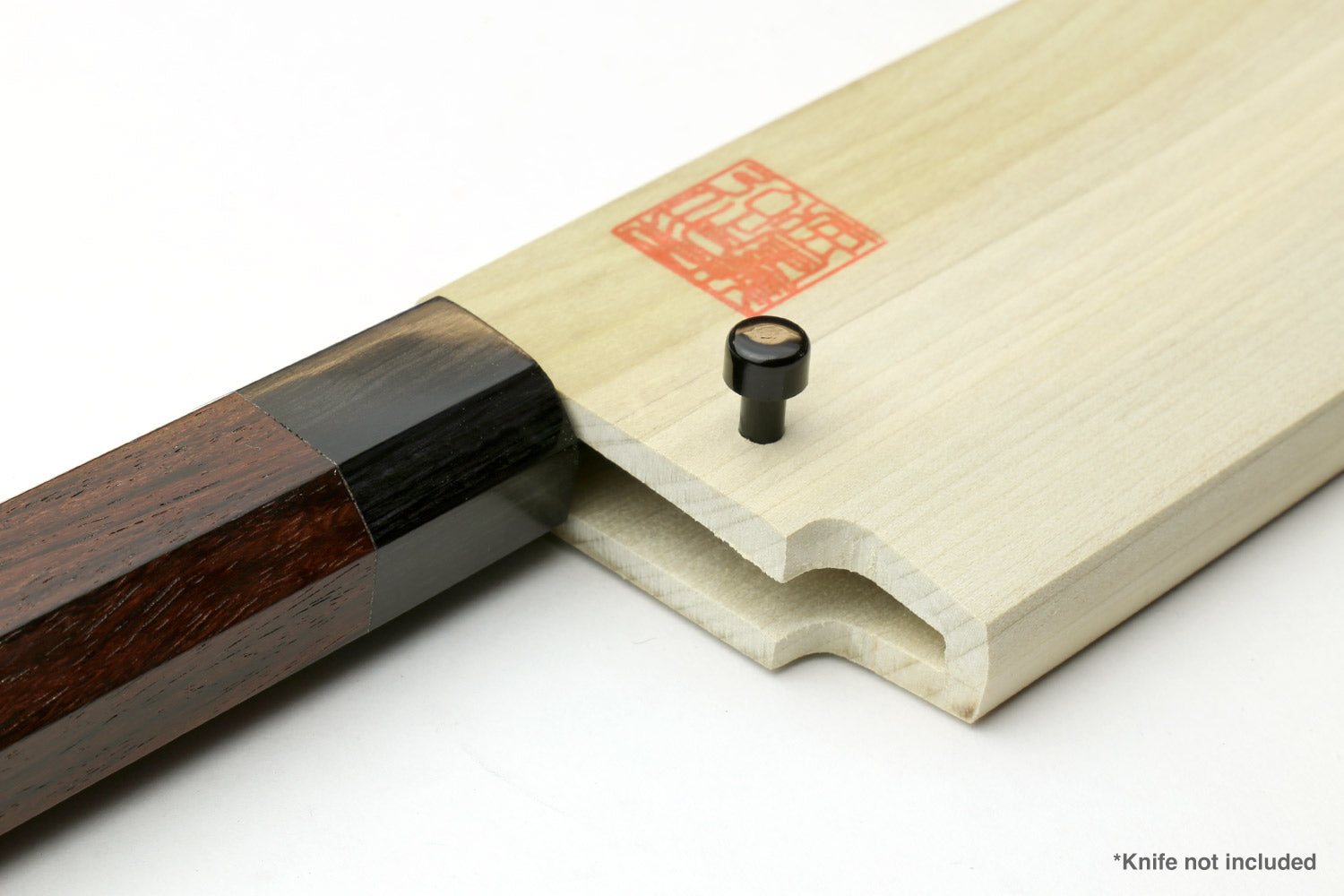 Natural wooden saya knife cover with knife handle inserted; red stamp and black pin