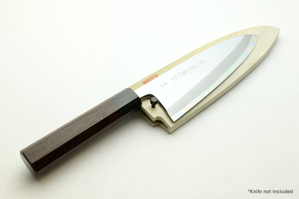 Natural wooden saya knife cover with knife blade inside; red stamp and black pin