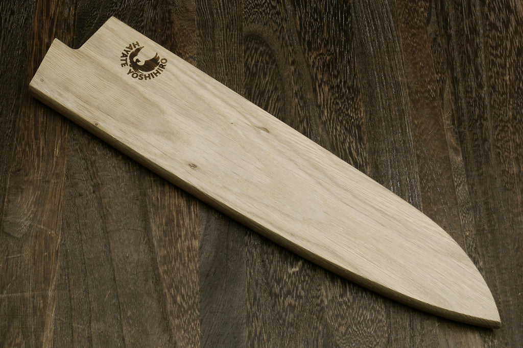 Light oak wood saya cover for gyuto with engraved logo and curved tip
