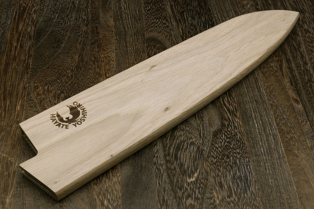 Light oak wood saya blade protector with engraved logo on open edge