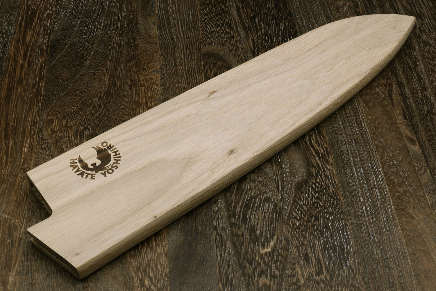 Light oak wood saya blade protector with engraved logo on open edge