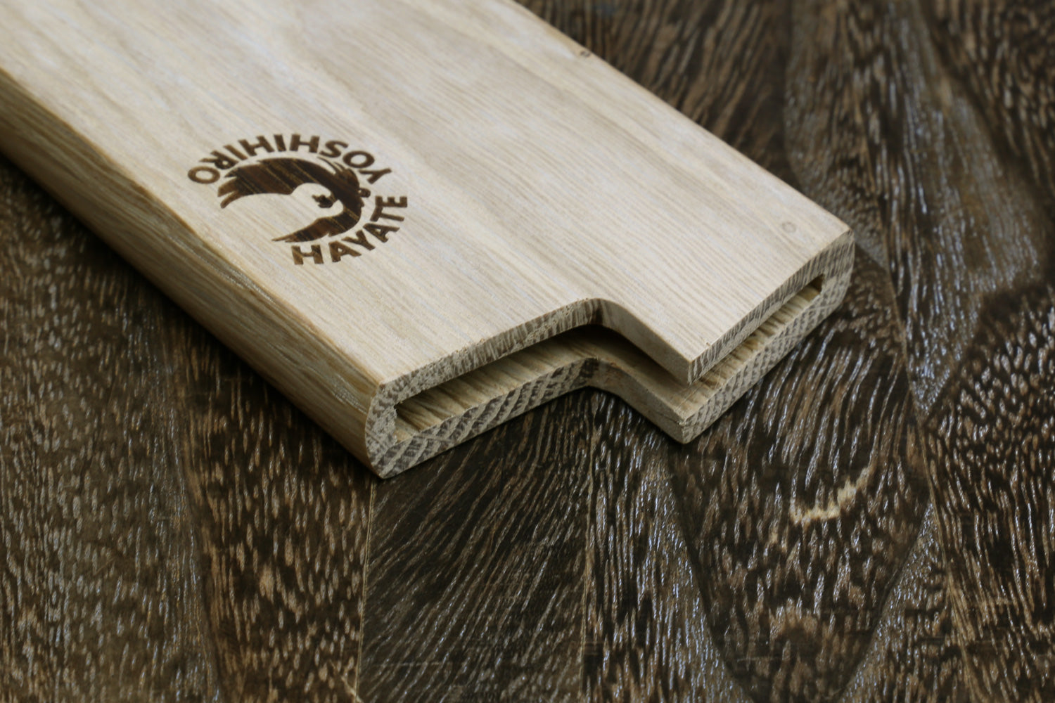 Oak wood saya cover with carved opening and engraved logo