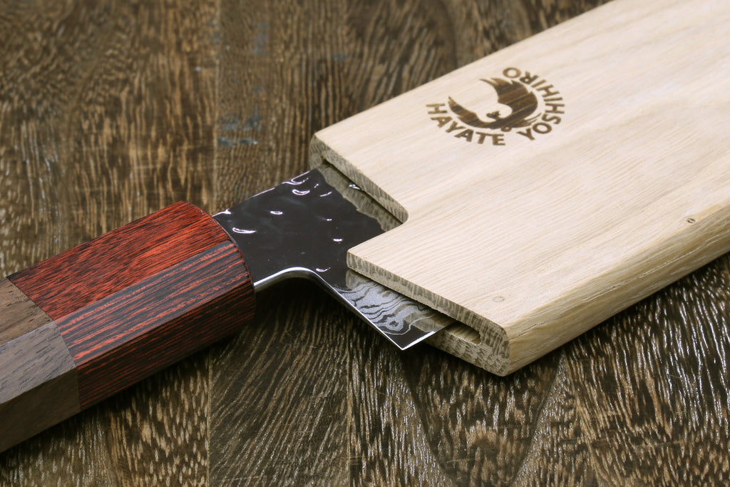Oak wood saya blade protector holding a knife blade with magnetic fit
