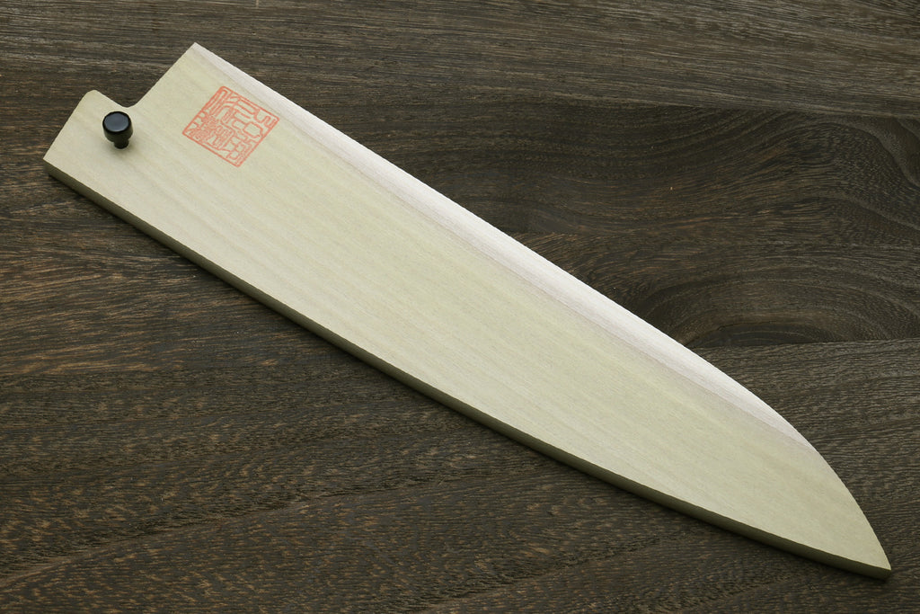 Natural wood knife saya cover with blue end knob and red label on top