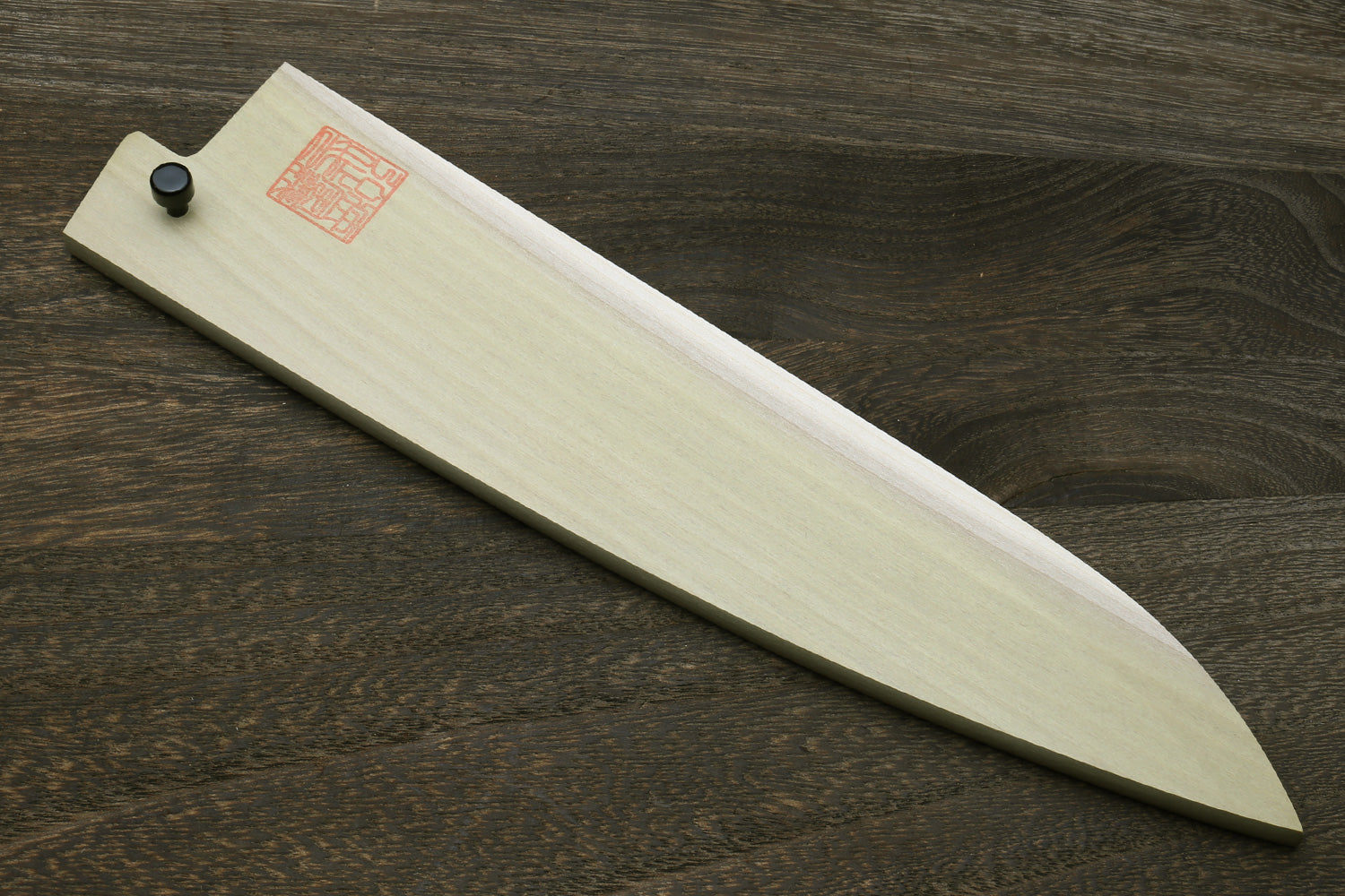 Natural wood knife saya cover with blue end knob and red label on top