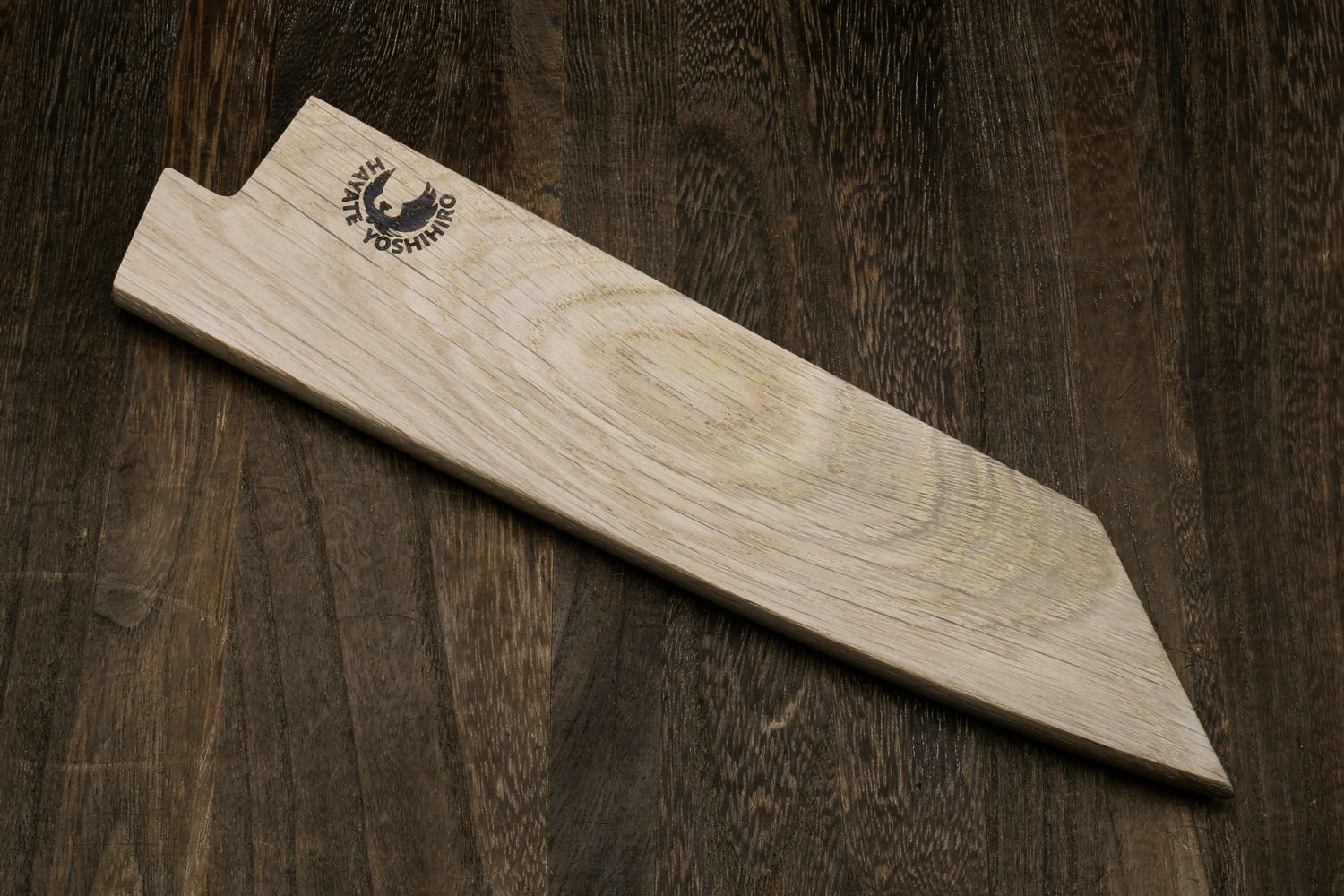 Light oak saya cover for a double-edged kiritsuke blade, logo on the face