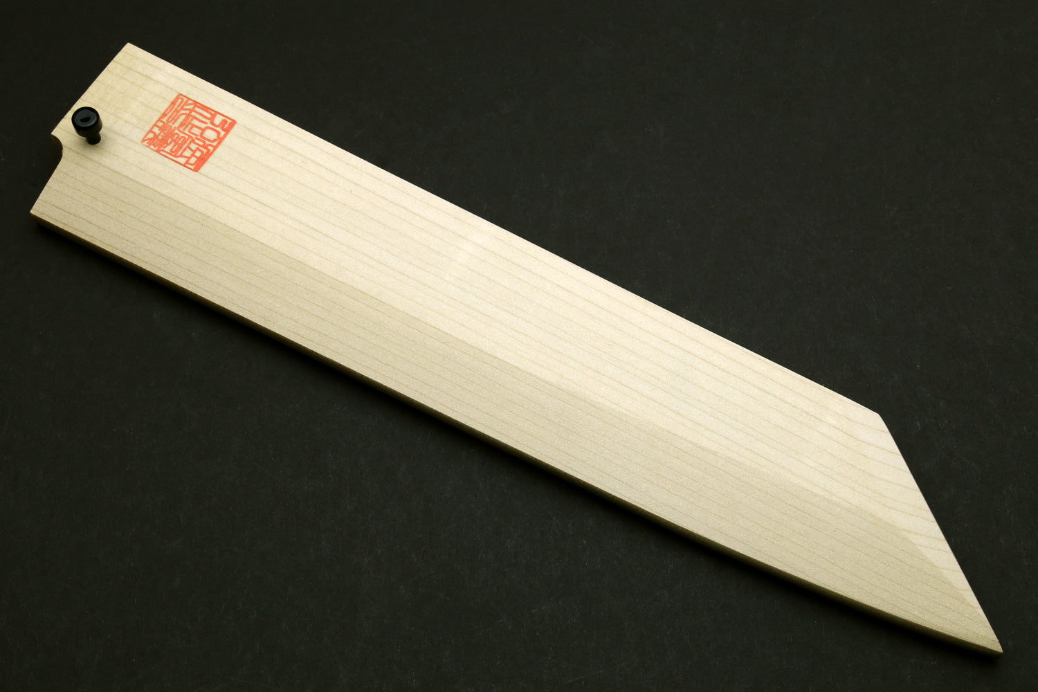 Wooden saya cover with pointed tip and black hardware, pale natural finish