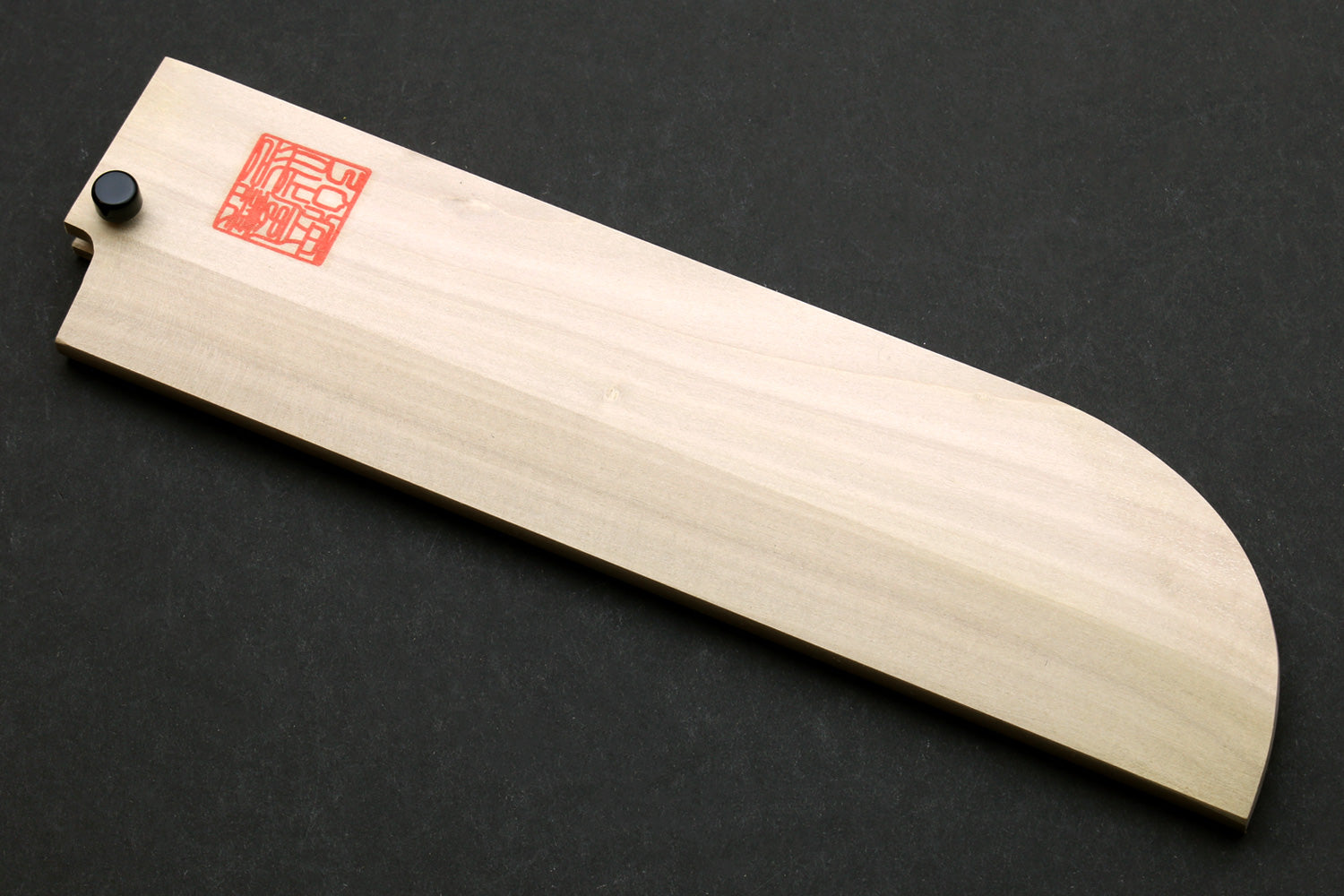 Natural wooden saya cover with rounded tip and red stamp label
