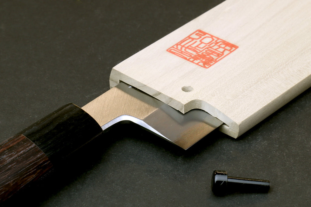 Natural wooden saya cover with handle cutout and mounting hardware