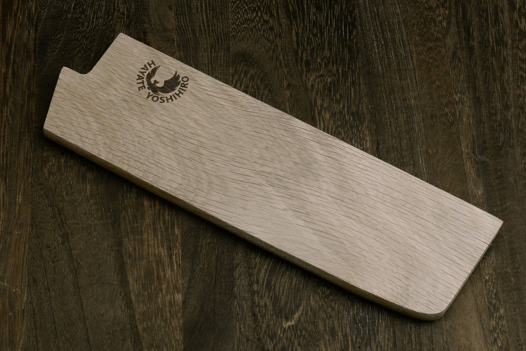 Oak wood saya blade cover with curved interior slot and embossed brand logo