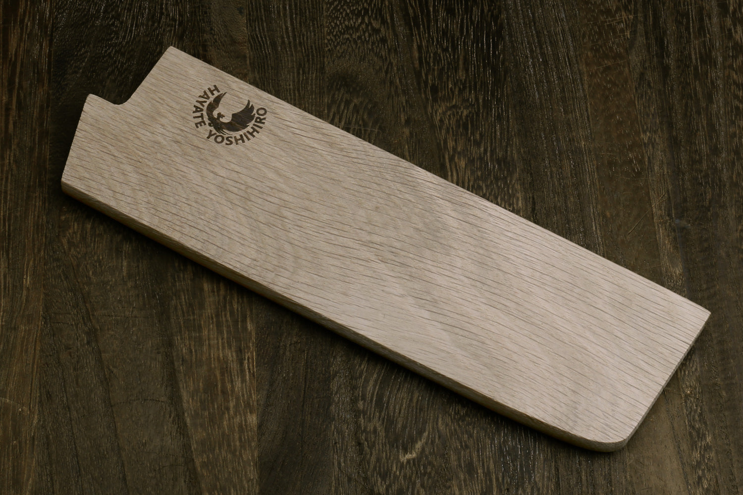 Oak wood saya blade cover with curved interior slot and embossed brand logo