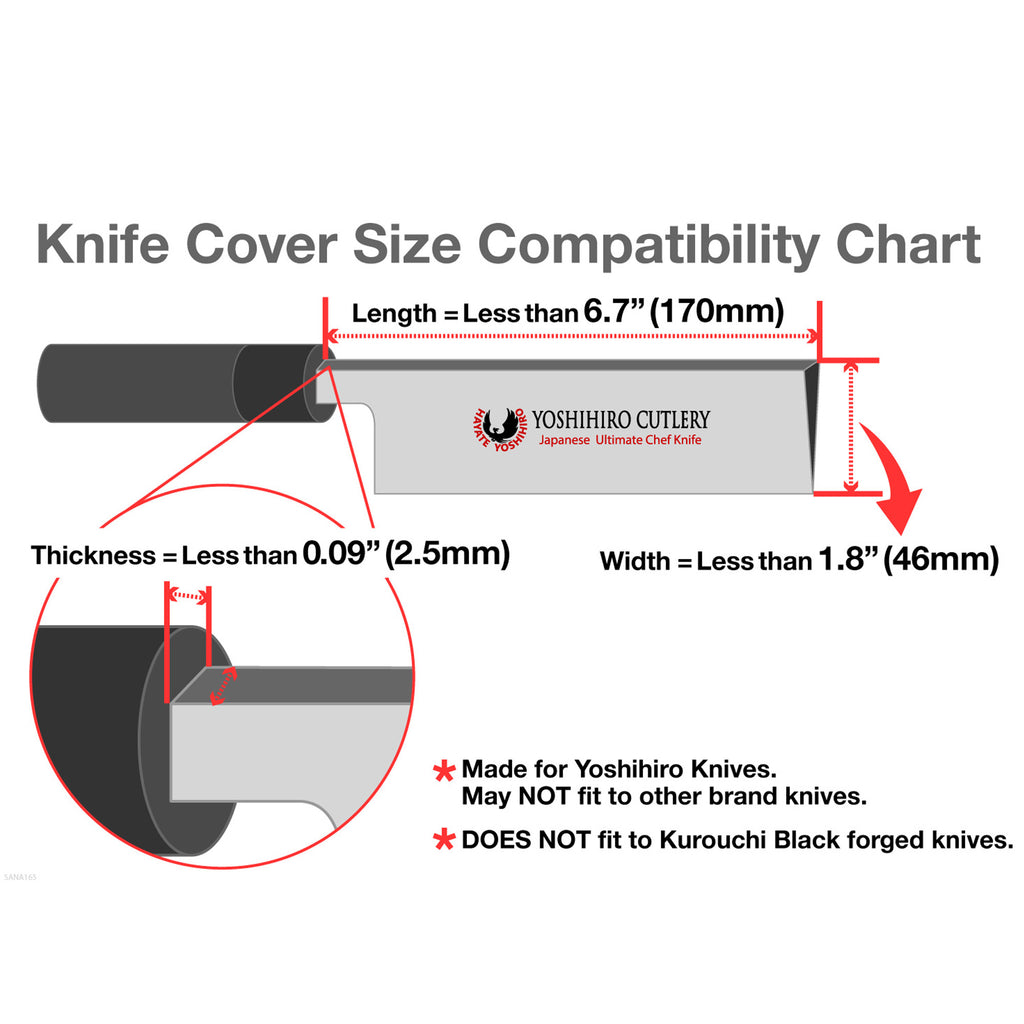 Saya cover sizing guide graphic showing length, thickness, and width compatibility