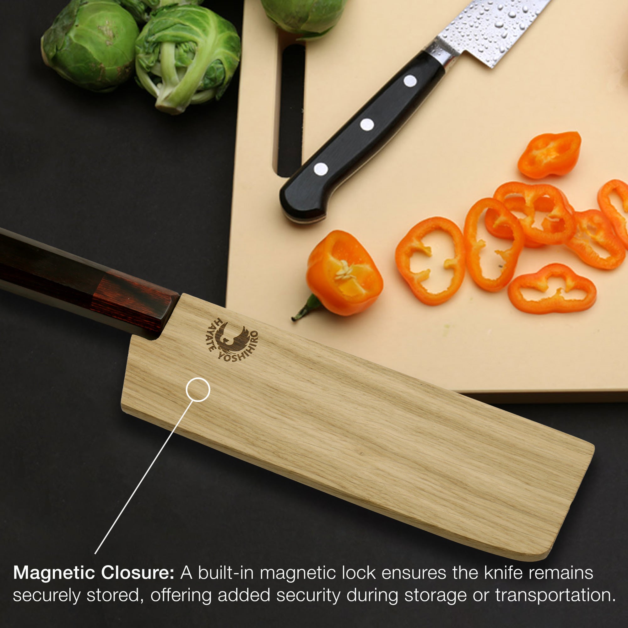 Oak wood saya blade cover with magnetic closure, showing the locking front edge