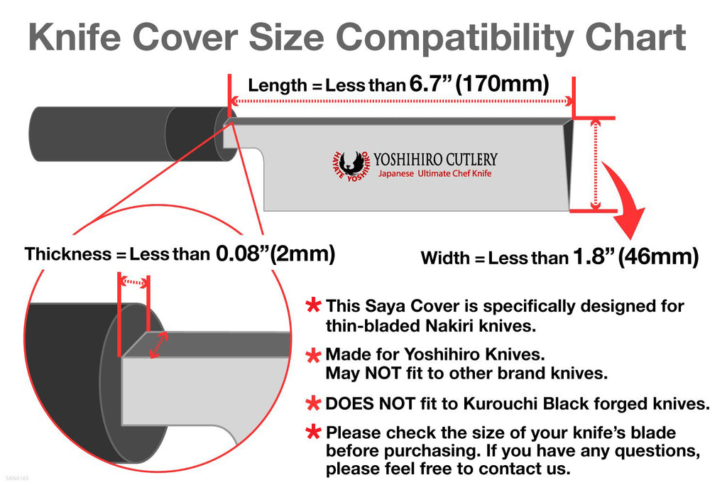 Knife cover size compatibility chart for thin-bladed nakiri knives