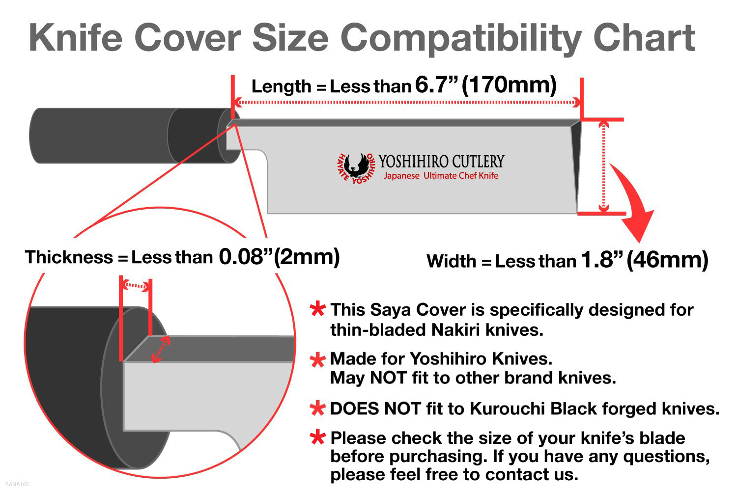 Knife cover size compatibility chart for thin-bladed nakiri knives